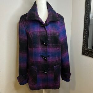 Coldwater Creek Women's Pea Coat in Purple and Black Plaid
